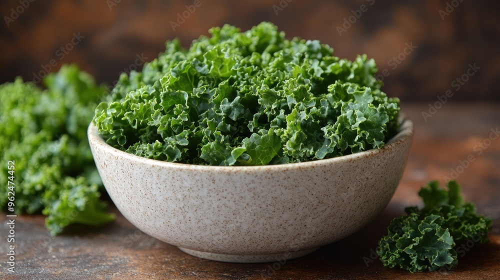 A white bowl filled with fresh, chopped kale leaves on a rustic brown surface. A white bowl filled with fresh, chopped kale leaves on a rustic brown surface.