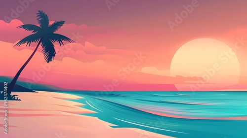 A basic landscape illustration of a beach with a palm tree and calm waves, set against a gradient sunset sky, designed with minimal detail. 8k UHD, suitable for high-quality printing or digital 