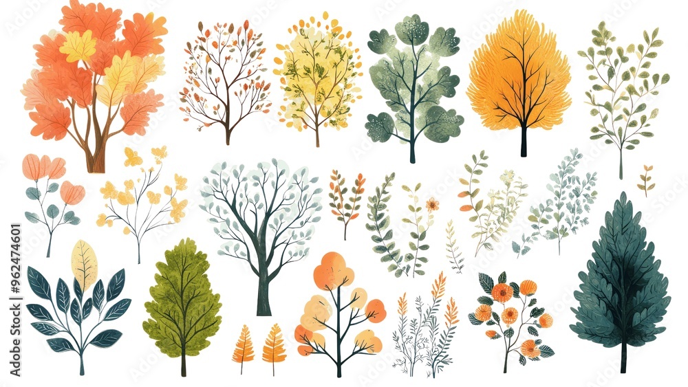 A collection of trees with leaves of different colors, including green, yellow A collection of trees with leaves of different colors, including green, yellow