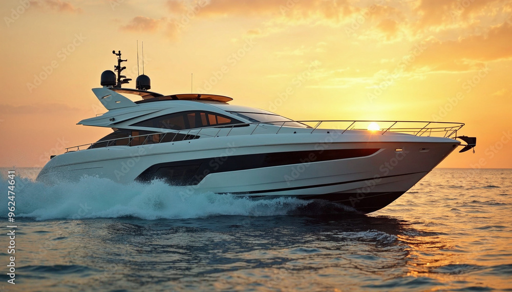 A luxury white speedboat glides over the ocean at sunset, highlighting its sleek design and the vibrant colors of the sky.
A luxury white speedboat glides over the ocean at sunset, highlighting its sleek design and the vibrant colors of the sky.