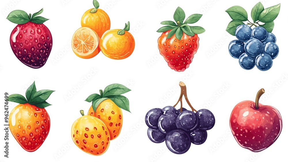 A set of fruit with a variety of colors including red, yellow, and blue A set of fruit with a variety of colors including red, yellow, and blue