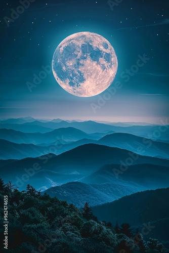 The full moon on the remote mountain on the Mid-Autumn Festival shines with clear white light