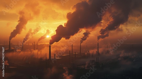 A vast industrial landscape shows multiple chimneys releasing dense smoke into the sky at sunrise. The golden light of the morning contrasts with the ominous presence of pollution, highlighting the