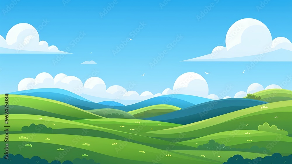 Fototapeta premium A simple landscape illustration of rolling green hills with a blue sky and fluffy white clouds, using soft gradients and flat design elements. 8k UHD, suitable for high-quality printing or digital 