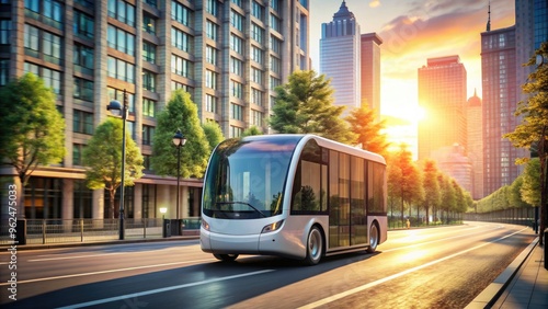 Self driving bus navigating through urban streets, self driving, bus, automated, transportation, technology, autonomous photo