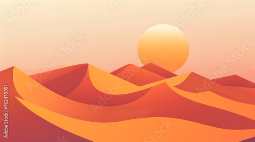 A simple flat design of a desert landscape with sand dunes and a bright sun, using warm tones and basic geometric shapes to create depth. 8k UHD, suitable for high-quality printing or digital 