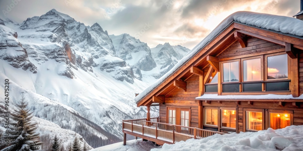 Mountain chalet with warmly lit windows overlooking snow-covered peaks , cozy, comfort, relaxation, mountain, chalet, snow Mountain chalet with warmly lit windows overlooking snow-covered peaks , cozy, comfort, relaxation, mountain, chalet, snow
