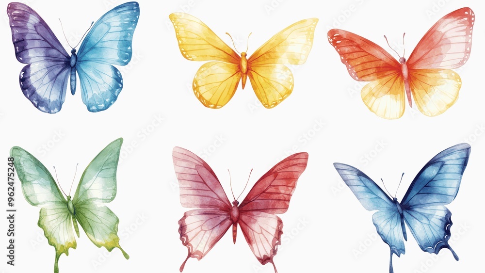 A set of colorful butterflies are shown in various shades of blue, green, yellow A set of colorful butterflies are shown in various shades of blue, green, yellow