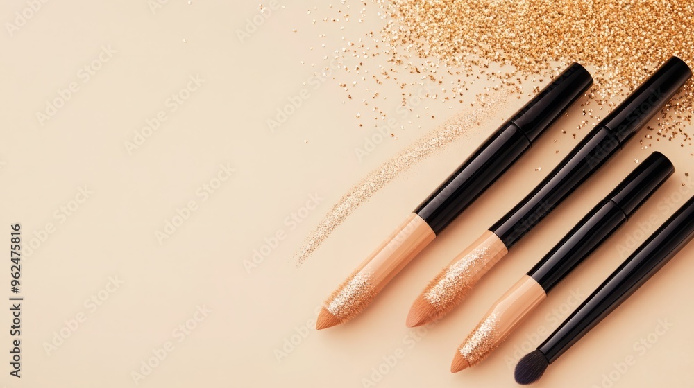 Close-Up of Foundation Tube with Stylish Arrangement of Makeup Brushes and Glitter Sponge on a Minimalist Background, Showcasing Elegant and Natural Soft Tones of Sand and Gold, Highlighting Product T Close-Up of Foundation Tube with Stylish Arrangement of Makeup Brushes and Glitter Sponge on a Minimalist Background, Showcasing Elegant and Natural Soft Tones of Sand and Gold, Highlighting Product T
