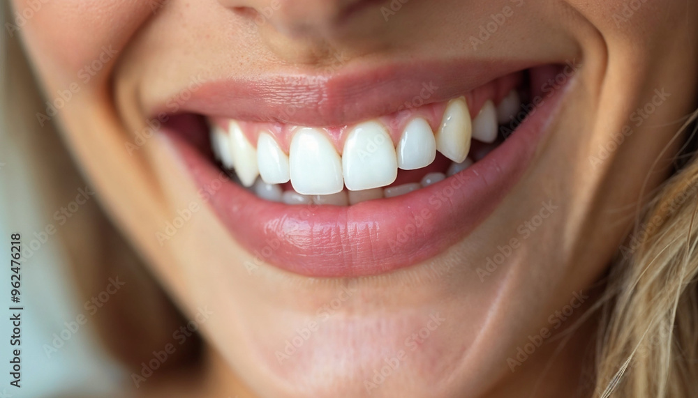 Fototapeta premium Close-up of a woman's radiant smile, showcasing clean, gleaming teeth and beautifully shaped lips against a white background.