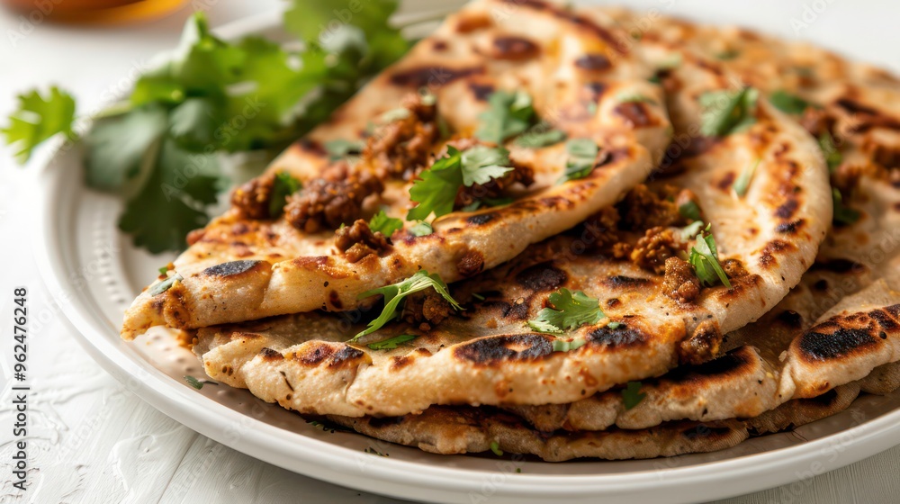 Close-up of crispy, golden brown flatbreads with cilantro on a white plate. Close-up of crispy, golden brown flatbreads with cilantro on a white plate.