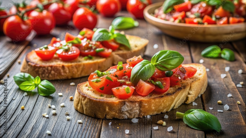 Fresh bruschetta with tomatoes, basil, and seasoning on crusty bread, appetizer, snack, Italian, cuisine Fresh bruschetta with tomatoes, basil, and seasoning on crusty bread, appetizer, snack, Italian, cuisine
