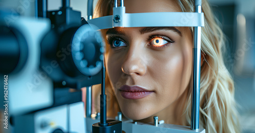 A blonde female patient is being examined by a doctor doing her vision test using an Ophthalmoscope. 