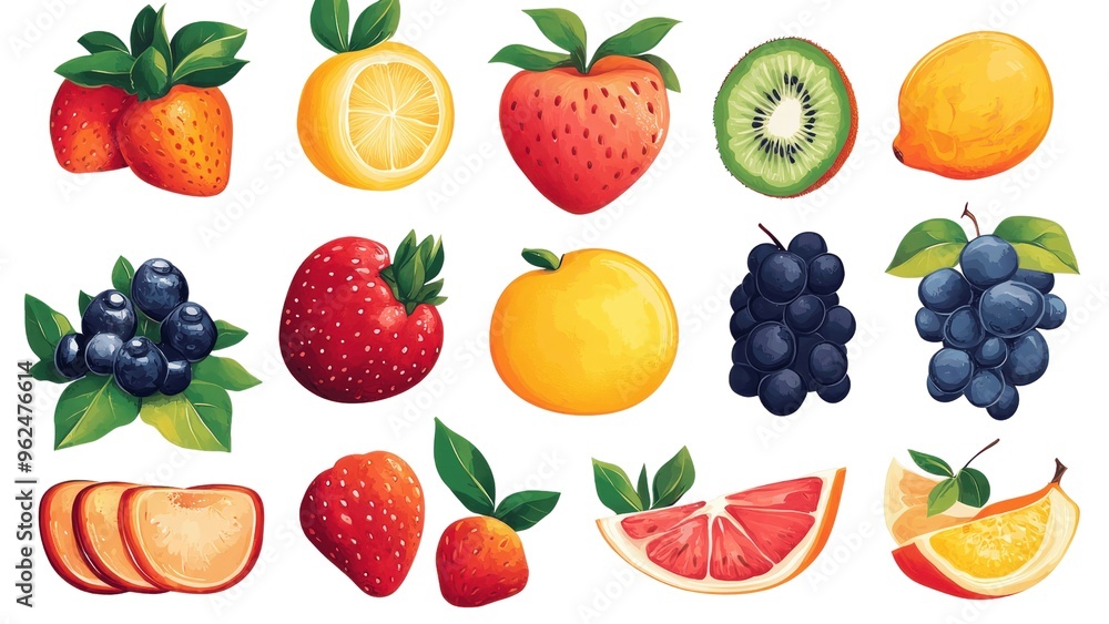 A collection of fruits including apples, oranges, kiwis, and strawberries A collection of fruits including apples, oranges, kiwis, and strawberries