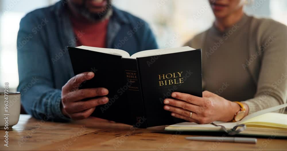 Gospel, hands and bible by man and woman reading or praying for peace, religion or faith with coffee. Couple, God and people with prayer, christianity or Jesus Christ praise together in home