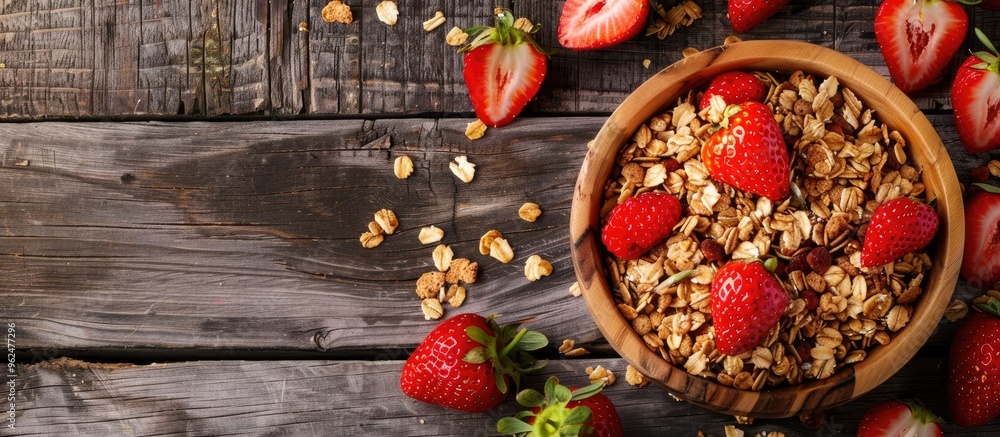 Homemade Granola With Strawberries On A Old Wooden Table Homemade Granola With Strawberries On A Old Wooden Table