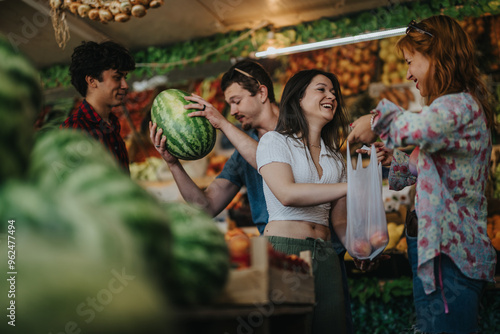 Canvastavla A group of friends happily selects fresh produce from a local greengrocer