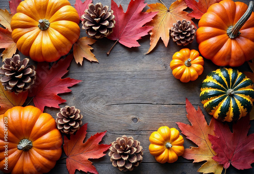 Autumn leaves, pumpkins, and pinecones arranged on a rustic wooden surface, evoking fall's warmth.