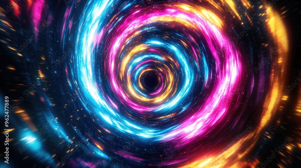 Dynamic swirling neon light rays in blue, pink, yellow, and purple, representing the speed of light in a galaxy explosion against black Dynamic swirling neon light rays in blue, pink, yellow, and purple, representing the speed of light in a galaxy explosion against black