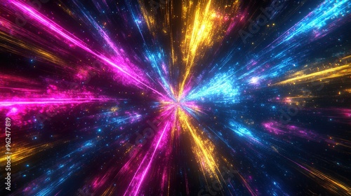 Dynamic neon light rays in a galaxy explosion, featuring starburst lines in blue, pink, yellow, and purple neon glow on a black background photo