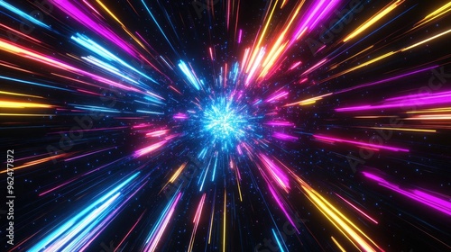 Dynamic neon light rays in a galaxy explosion, featuring starburst lines in blue, pink, yellow, and purple neon glow on a black background