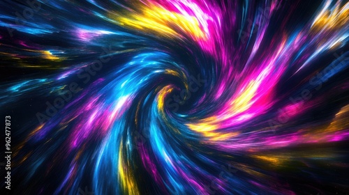 Dynamic swirling neon light rays in blue, pink, yellow, and purple, representing the speed of light in a galaxy explosion against black