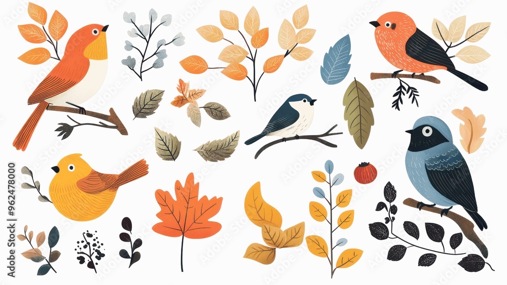 Naklejka premium A collection of birds and leaves with a fall theme