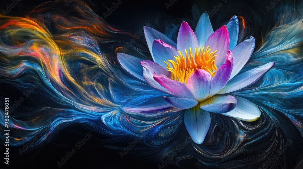 Energetic waterlily bloom with swirling blue, yellow, and pink hues, radiating vibrant beauty on a dynamic black background Energetic waterlily bloom with swirling blue, yellow, and pink hues, radiating vibrant beauty on a dynamic black background