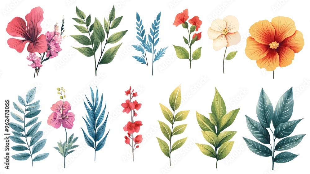 A collection of colorful flowers and leaves are displayed in a row A collection of colorful flowers and leaves are displayed in a row