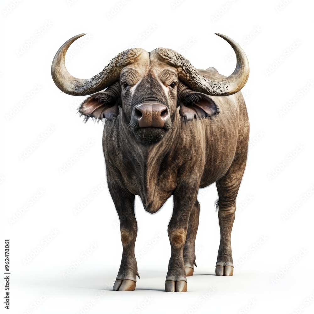 A large brown and white buffalo stands in front of a white background A large brown and white buffalo stands in front of a white background