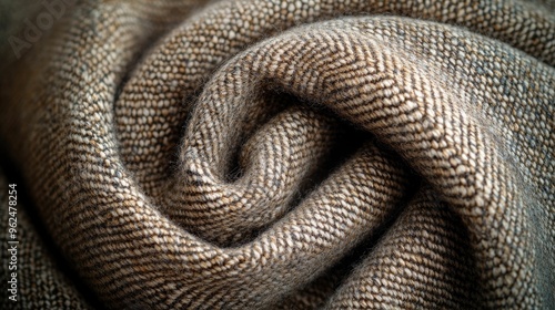 Close-up of a soft, brown fabric with a herringbone pattern, rolled into a spiral shape.