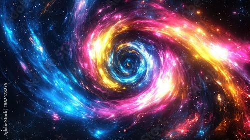 Spiral neon light rays in blue, pink, yellow, and purple, bursting through the galaxy with dynamic energy on a black universe background photo