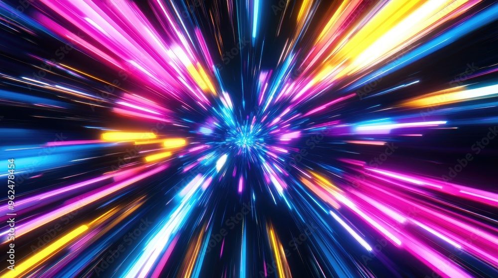 Starburst of neon light rays in blue, pink, yellow, and purple, resembling the speed of light in a galaxy explosion, set against a black backdrop Starburst of neon light rays in blue, pink, yellow, and purple, resembling the speed of light in a galaxy explosion, set against a black backdrop
