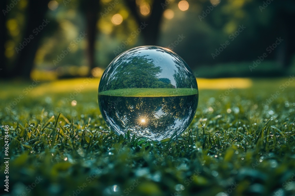 A crystal ball sits on a green grassy lawn, reflecting a blurred image of trees and a sun-drenched sky. A crystal ball sits on a green grassy lawn, reflecting a blurred image of trees and a sun-drenched sky.