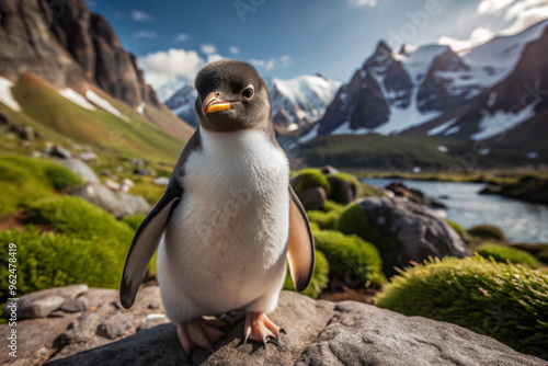 A Curious Gentoo Penguin Chick Standing on a Rocky Outcrop photo