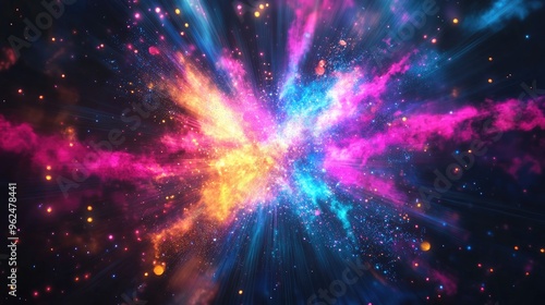 Starburst of neon light rays, creating a galaxy explosion effect with dynamic blue, pink, yellow, and purple glow on a dark backdrop