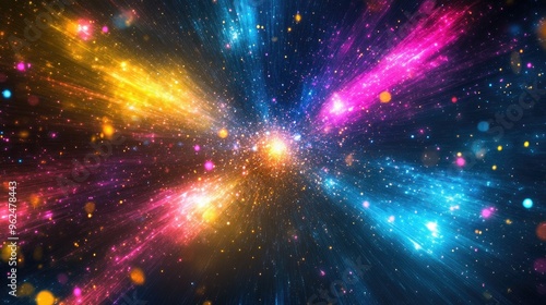 Starburst of neon light rays, creating a galaxy explosion effect with dynamic blue, pink, yellow, and purple glow on a dark backdrop