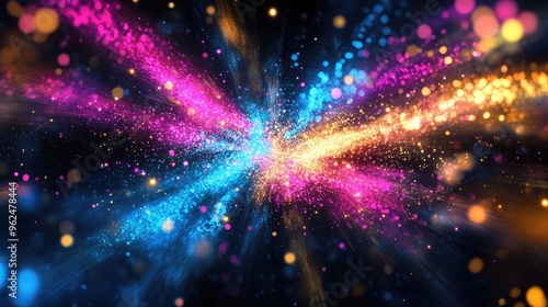 Starburst of neon light rays, creating a galaxy explosion effect with dynamic blue, pink, yellow, and purple glow on a dark backdrop