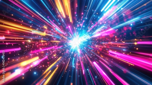 Starburst of neon light rays, creating a galaxy explosion effect with dynamic blue, pink, yellow, and purple glow on a dark backdrop