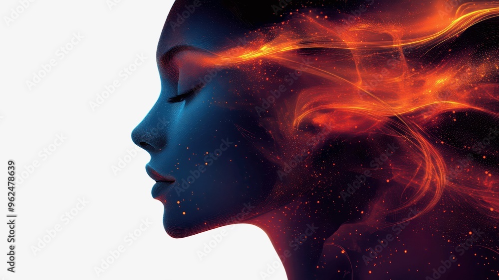 A woman's face is shown with a fiery red hair and a blue background A woman's face is shown with a fiery red hair and a blue background