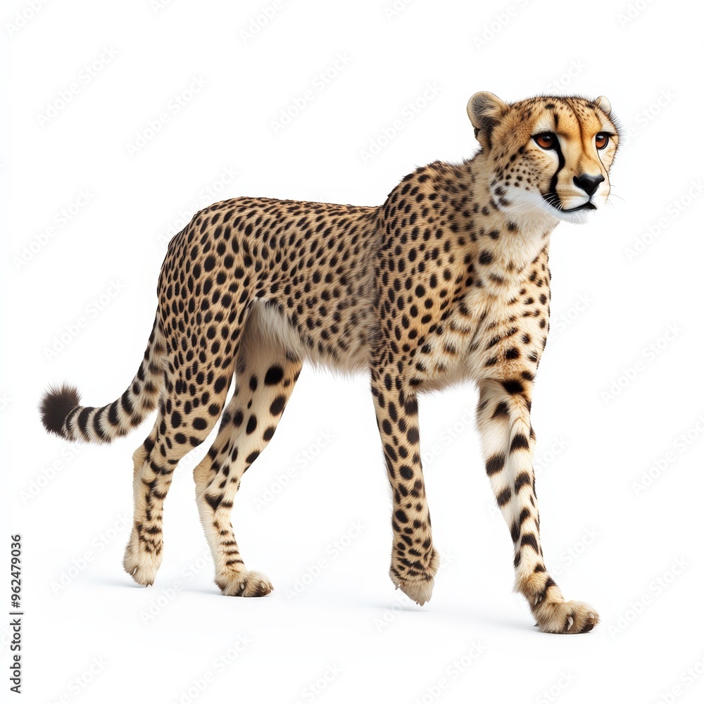 A cheetah is walking on a white background A cheetah is walking on a white background