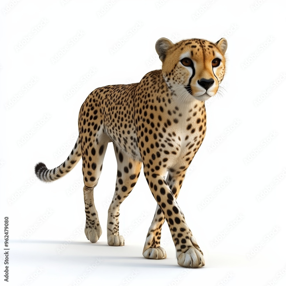 A cheetah is walking on a white background A cheetah is walking on a white background
