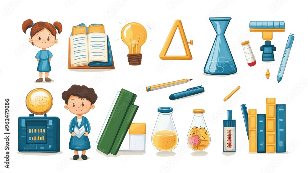 A collection of various school supplies and a girl holding a book A collection of various school supplies and a girl holding a book