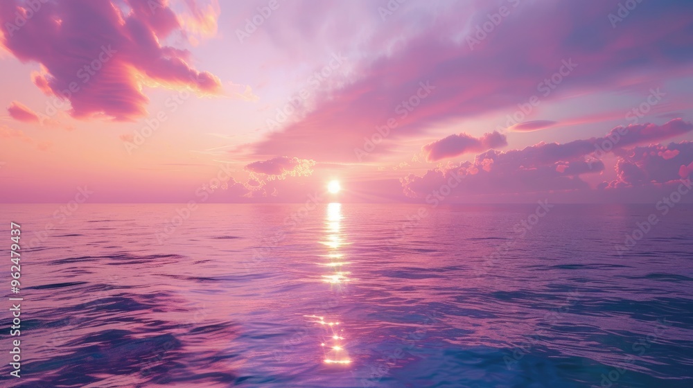 Picturesque sunset over calm ocean with pink and purple glowing horizon. Picturesque sunset over calm ocean with pink and purple glowing horizon.