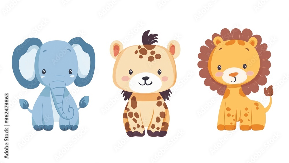 Three cartoon animals, an elephant, a giraffe, and a lion, are sitting together Three cartoon animals, an elephant, a giraffe, and a lion, are sitting together