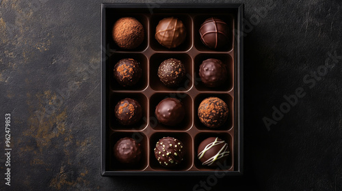 Luxurious chocolate truffles in decorative box, showcasing variety of rich flavors and textures, perfect for gifting or indulgence.