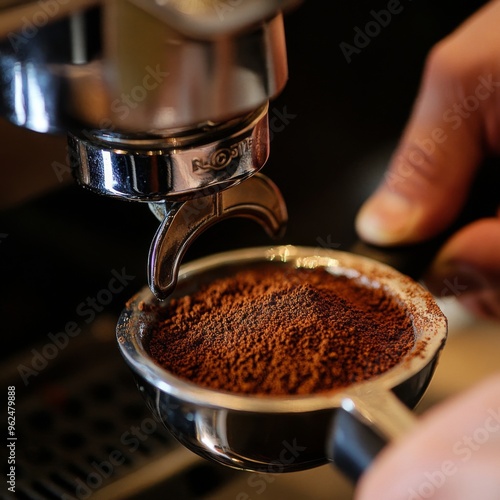 Espresso Perfection: The ritual of brewing the perfect espresso, captured in a close-up shot of coffee grounds being tamped into the portafilter. A rich, dark brown coffee powder sits in the portafilt photo