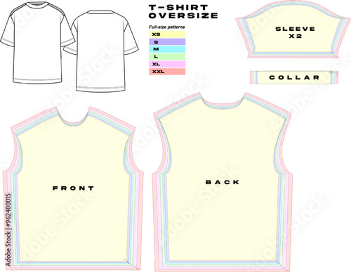 garment sewing pattern, urban clothes pattern. different sizes, t shirt oversize pattern