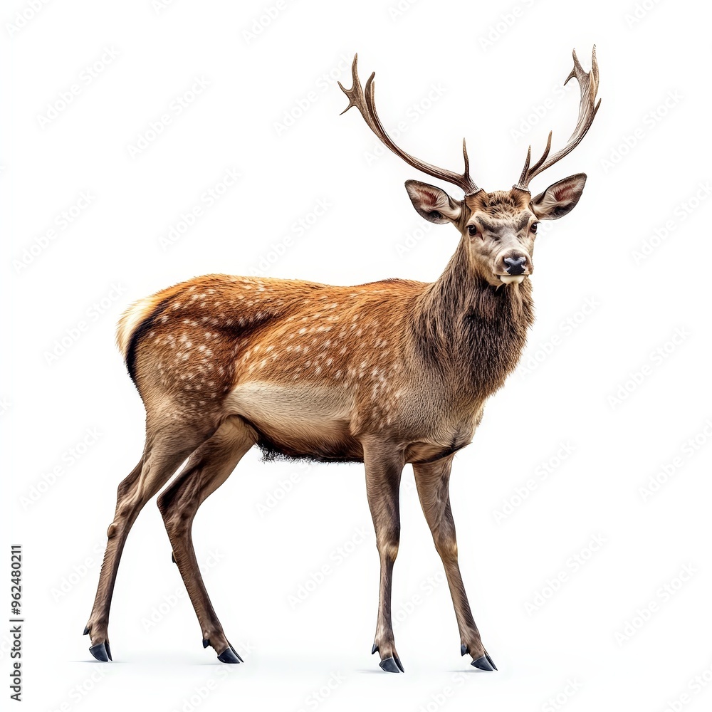 A deer stands in front of a white background A deer stands in front of a white background