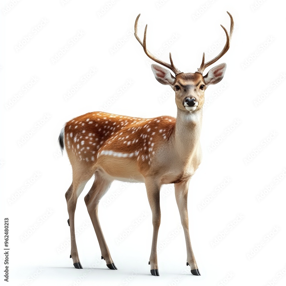 A deer stands in front of a white background A deer stands in front of a white background
